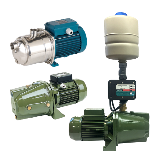 House water surface pumps for homes with one to three bathrooms, available in single phase and three phase options, including ready-to-install pump sets with controllers and pressure tanks.