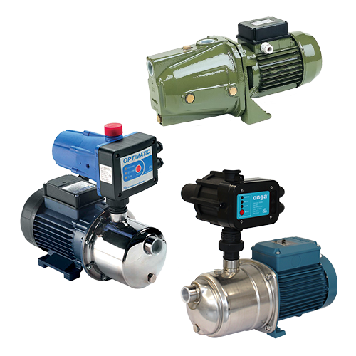 House water surface pumps for homes with one to three bathrooms, available in single phase and three phase options, including ready-to-install pump sets with controllers and pressure tanks.